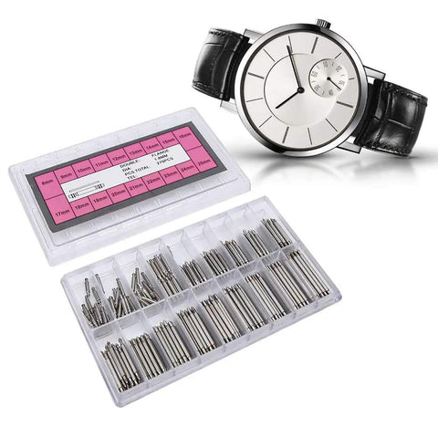 Watch Band Pins Kit 270 Pcs 1.8mm Metal Spring Bar Set 8 to 25mm Assorted Sizes with Compartment Box and black watch strap