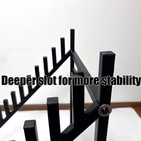 Close-up of Hella Heavy Duty 12 Tier Metal Tile Display Rack With Wheels, featuring deeper slots for enhanced stability.
