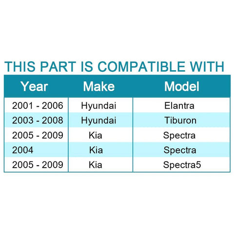 Compatibility chart for Front Wheel Bearing Set For Hyundai Elantra 2001 To 2006 Tiburon 2003 To 2008 2.0L Kia Spectra 2004 To 2009