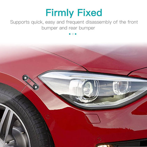 Universal Car Bumper Quick Release Kit with 4 Black Release Tabs and 12 O Ring Fasteners on red car's front bumper