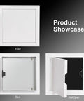 Slick Drywall Access Panel With Magnetic Lock, White Aluminum Frame For Wall And Ceiling, Quick Press Utility Cover shown open and closed