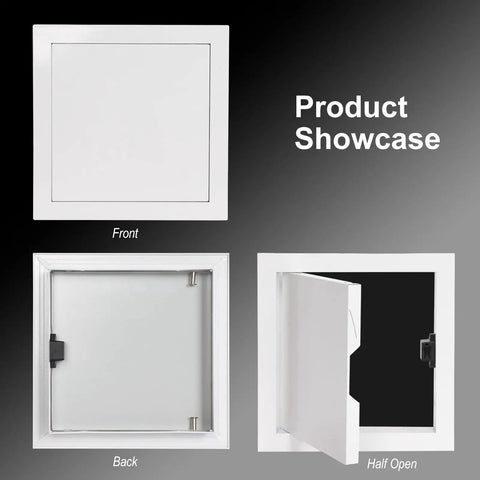Hella Durable Magnetic Access Panel For Wall And Ceiling Waterproof Aluminum Inspection Door With Quick Release Cover for Snag Free Wiring and Pipe Maintenance showcase images of front, back, and half open views.
