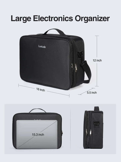 Hella Spacious Electronics Travel Case Cable Management Bag Charger Cord Holder Power Bank Sleeve Fits 15 Inch Laptop shown in black, 16x12x5.5 inch dimensions.