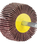 Close-up of a wheel from 10 Piece Abrasive Flap Wheel Sander Set With A Range Of Sizes From 3.2 Inch To 0.64 Inch Grit 16 And 80 Aluminum Oxide.