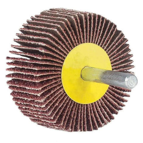 Close-up of a wheel from 10 Piece Abrasive Flap Wheel Sander Set With A Range Of Sizes From 3.2 Inch To 0.64 Inch Grit 16 And 80 Aluminum Oxide.