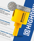 Close-up of yellow vacuum-brazed dry diamond core drill bit, 38 mm, with triangle shank for concrete and tile.