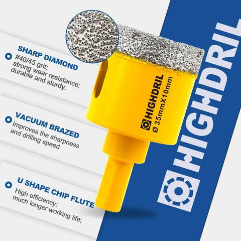 Close-up of yellow vacuum-brazed dry diamond core drill bit, 38 mm, with triangle shank for concrete and tile.