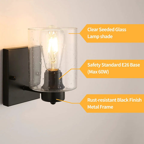 Set Of Two Matte Black Wall Sconces With Clear Glass Shade, Industrial Farmhouse Vanity Lighting Fixtures For Bathroom Mirror And Hallway, Metal Sconce Wall Lighting, Bulbs Not Included showing clear glass shade and E26 base