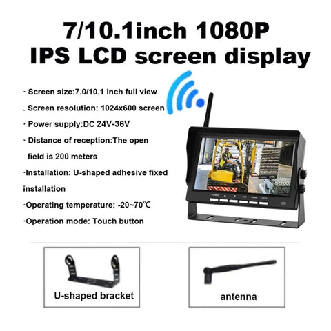 Wireless Forklift Camera System with Killer Clarity Night Vision 7 Inch Monitor showing 7/10.1 inch 1080P IPS LCD display features.