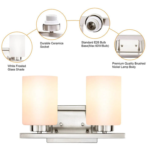 Two-Light Bathroom Vanity Fixture With Frosted Glass Shade, Sleek Brushed Nickel Wall Mount Vanity Light For Mirror
