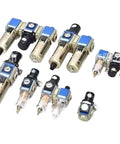 Assorted Three In One Heavy Duty Air Treatment Unit FRL Filter Regulator Lubricator Combo For Pneumatic Tools And Industrial Systems GR GFR GL Series 200 15 Pro Grade displayed on white background.