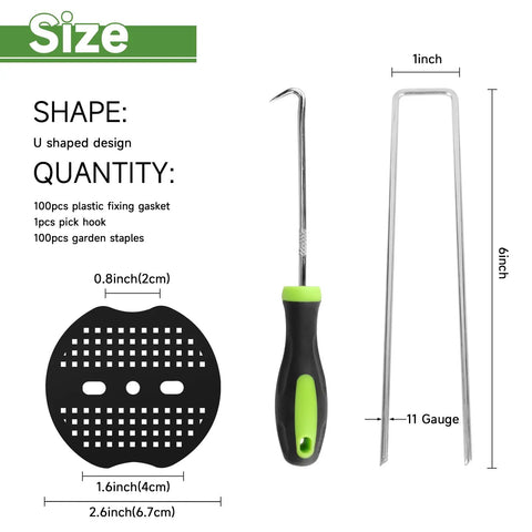 Galvanized Garden Stakes Kit 6 Inch 11 Gauge Includes 100 Landscape Staples 100 Gaskets And 1 Pick Hook For Tent Stakes Weed Barrier Landscape Fabric Ground Cover Fence components
