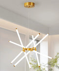 Modern Gold LED Chandelier, 10 Light Linear Art Deco Fixture in dining room, ultra sleek design, warm white 4000K lighting
