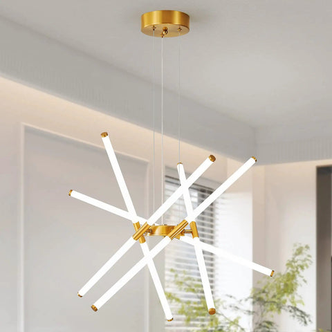Modern Gold LED Chandelier, 10 Light Linear Art Deco Fixture in dining room, ultra sleek design, warm white 4000K lighting