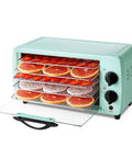 Top Shelf Five Layer Food Dehydrator And Compact Air Dryer For Fresh Fruits Lean Meats And Custom Pet Treats Featuring Slick Dial Knobs And Variable Temp Range For Easy Peasy Countertop Use And Killer Results with sliced strawberries and grapefruits on trays