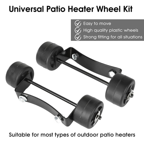 Universal patio heater wheel kit with two black metal brackets and four black plastic wheels (side view)