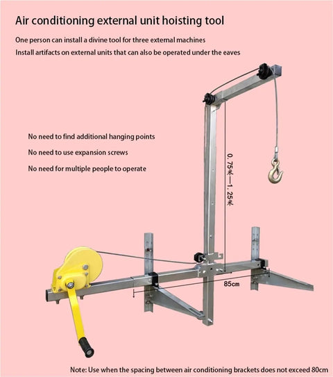 Tough As Nails Hydraulic Engine Hoist Featuring Adjustable Telescopic Boom And Reinforced Foldable Legs For Smooth Daily Job Tasks And AC Condenser Removal with pulley system for easy lifting.