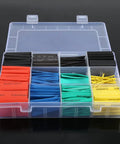 Comprehensive 530-Piece Heat Shrink Tubing Kit With 1.5 mm To 10 mm Shrink Tubes In Multicolor Black Red Yellow Blue Green For Garage-Ready Auto Wiring And DIY Projects, Halogen Free, 2:1 Shrinkage, Pro-Grade Cable Insulation; open case showing multicolor tubes