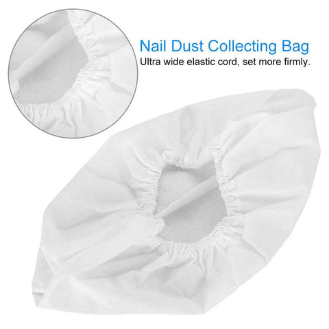 Heavy Duty Non Woven Dust Collector Bag For Nail Suction Machine With Secure Snap And Easy Change Design, white with elastic cord.