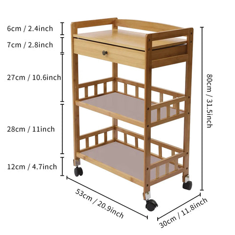 Heavy Duty Rolling Kitchen Cart With Drawer, Three Tier Bamboo Utility Island For Microwave And Coffee Station with swivel wheels.