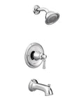 Dartmoor Posi-Temp Tub And Shower Trim In Chrome For M-PACT Valve System with showerhead, handle, and spout visible