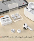 Top Notch Replacement Ear Tips For Apple Airpods Pro 1St And 2Nd Generation Hella Comfortable Silicone Earbud Caps Featuring Dual Noise Rejection Side Vents Straight Up Secure Fit For Everyday Use In White with a clear case and AirPods.