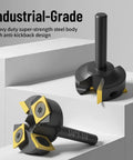 Heavy Duty Slab Flattening Router Bit With One Quarter Inch Shank One And One Quarter Inch Cutting Diameter Two Plus Two Pro Grade Titanium Coated Flutes Carbide Inserts For CNC Spoilboard Surfacing MDF Planing Slab Leveling And Rabbeting, shown separately front and side views on white platform.