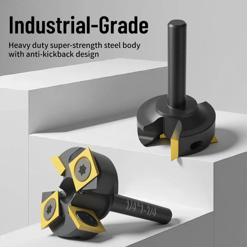 Heavy Duty Slab Flattening Router Bit With One Quarter Inch Shank One And One Quarter Inch Cutting Diameter Two Plus Two Pro Grade Titanium Coated Flutes Carbide Inserts For CNC Spoilboard Surfacing MDF Planing Slab Leveling And Rabbeting, shown separately front and side views on white platform.