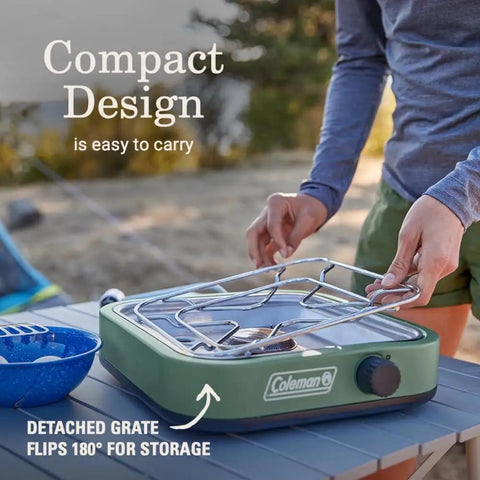 Cascade 18 1-Burner Camping Stove With 8000 BTU Output, easy clean aluminum surface, detachable grate on outdoor table