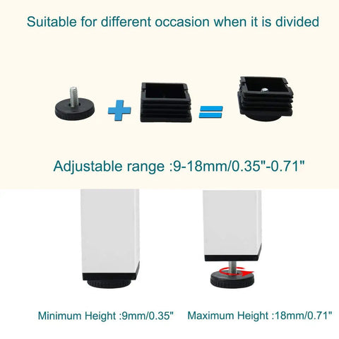 M8 Leveling Feet 50x50mm Square Insert Adjustable Furniture Glide Set Of 8 height adjustment range diagram