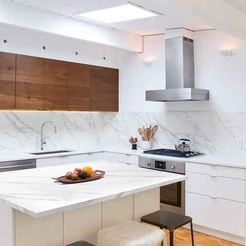 White Marble Contact Paper Peel And Stick For Countertops Waterproof Self Adhesive Marble Wallpaper For Kitchen Counters Desks Cabinets And Furniture 24 Inch Wide By 118 Inch Long Large Roll DIY Upgrade featuring a modern kitchen setup with marble countertops and backsplash.