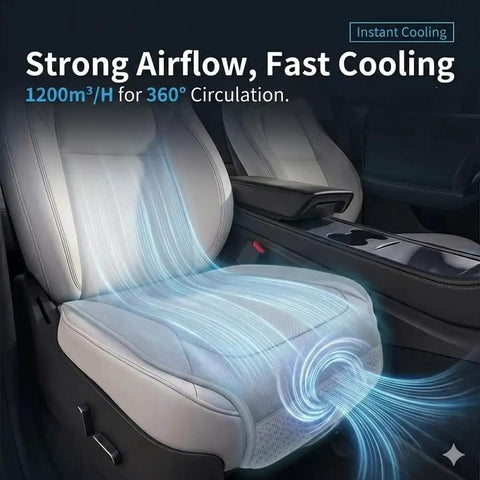 Auto Sensor Cooling Fan Seat Cushion With Breathable Honeycomb Mesh And Dual USB Plus Type C Ports To Keep You Chill And Truly No Sweat During Summer Heat Waves For Chevy Volt Bolt EV Blazer EV with 1200m³/h airflow and 360° cooling in a car seat.
