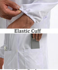 Elastic cuff and deep pocket details on White Women's Lab Coat With Quick Release Snap Closure, Durable Machine Washable Lab Jacket