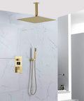 Slick Brushed Gold Ceiling Mounted Rain And Handheld Shower System Featuring Water Powered Digital Display And Smooth Single Lever Controls For A Top Tier Bathroom Upgrade with rain shower head and flexible wand.