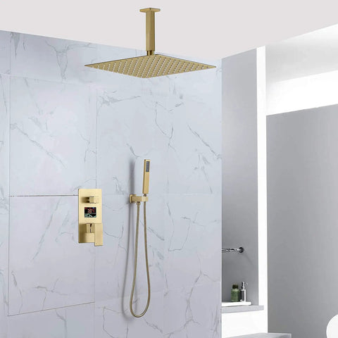 Slick Brushed Gold Ceiling Mounted Rain And Handheld Shower System Featuring Water Powered Digital Display And Smooth Single Lever Controls For A Top Tier Bathroom Upgrade with rain shower head and flexible wand.