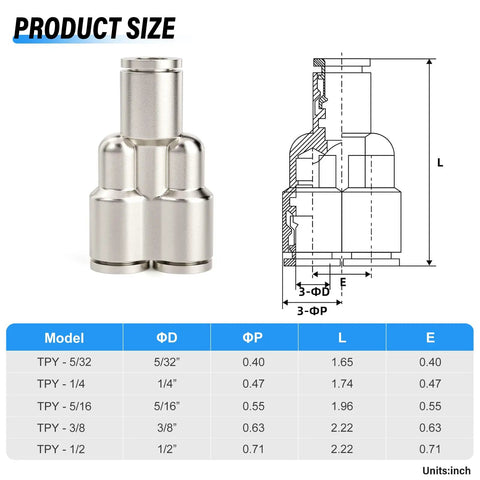 Product size chart with dimensions and diagram of Push In Heavy Duty Pneumatic Fittings Tee And Straight Union Set One Quarter Inch OD Copper Nickel Plated Y Style Push To Connect Air Fittings 290 Psi Fits PU PA PE PVC Tubing Pack Of Five