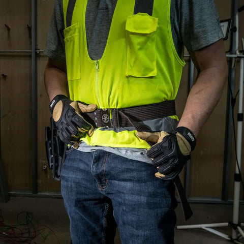 Person wearing 2 Inch Wide Electrician Tool Belt, Adjustable Up To 48 Inch Waist, Beefy Nylon Webbing With Quick Release Metal Buckle