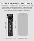 Seeker 4 Pro 4600 Lumen Rechargeable Flashlight next to smartphone showing size comparison with dimensions labeled