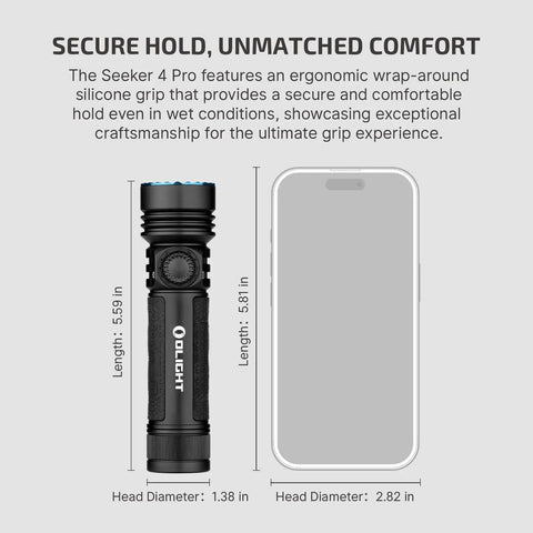 Seeker 4 Pro 4600 Lumen Rechargeable Flashlight next to smartphone showing size comparison with dimensions labeled