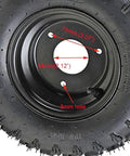 Close-up of Two Pack 4.10-6 Tubeless Go Kart Tire With Rim, showing measurement details, heavy duty rear tire set for various vehicles.