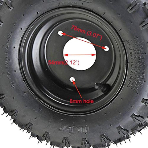 Close-up of Two Pack 4.10-6 Tubeless Go Kart Tire With Rim, showing measurement details, heavy duty rear tire set for various vehicles.
