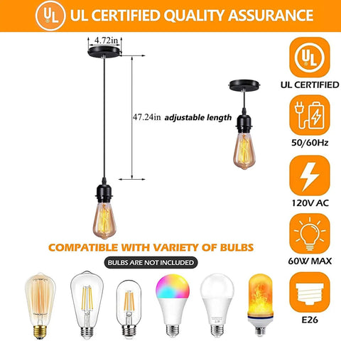 Industrial Mini Pendant Light Kit 4 Pack With E26 E27 Base Dope Vintage Edison Style Black Cord UL Listed Adjustable 47.2 Inch Cables