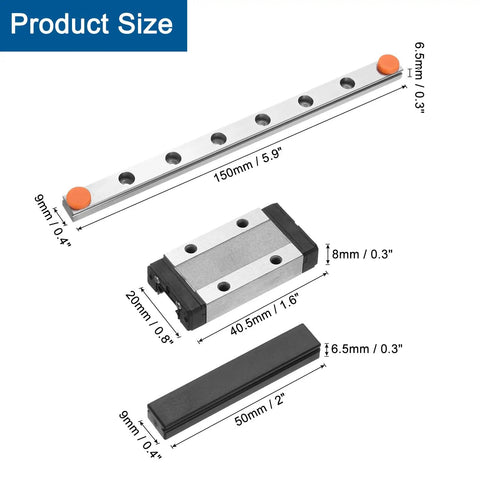 Dimensions of 150mm Linear Guide Rail Kit With MGN9H Carriage Block For DIY 3D Printers And CNC Machines, detailed size in mm and inches.