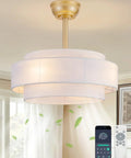 XINGSIYUELYX Gold Ceiling Fan with remote control, elegant design, and layered shades in a bright indoor setting.
