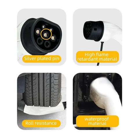 Level 2 EV Charger For Home And Garage 7kW 32A 1 Phase Type 2 Connector showing silver plated pin and waterproof material