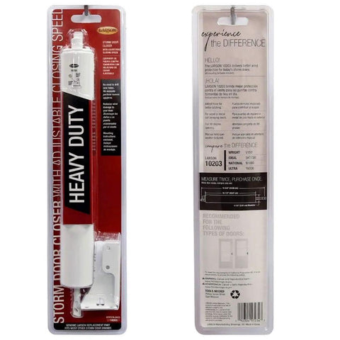 Packaging of Heavy-Duty Storm Door Closer With Wind Protection, Adjustable Closing Speed, front and back view, ideal for wood/metal/vinyl doors.