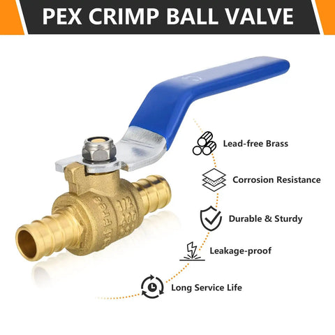 Three Quarter Inch Brass PEX Ball Valve With Quarter Turn Shutoff Lead Free NSF ANSI 61 And ASTM F1807 Certified Works With Copper Crimp Rings And Stainless Clamp Systems Durable Home Plumbing Valve, blue handle