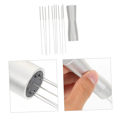 Stainless Steel Coffee Stirrer Tool Replacement Needle For Espresso Maker, Powder Whisk shown in disassembled view and hand-held