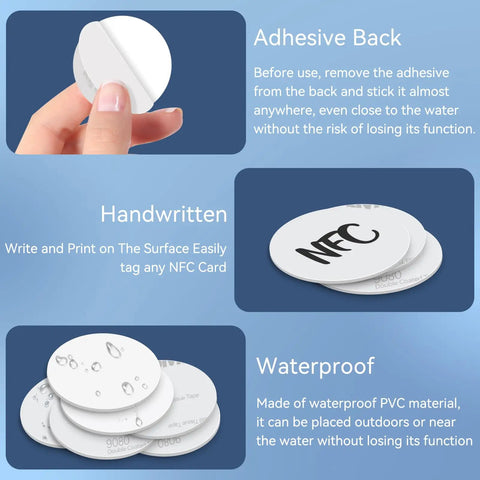 50 Pack White NFC Tags NTAG215 Coins With Adhesive Back Blank NFC Cards And Stickers; showing adhesive, handwritten, waterproof features.
