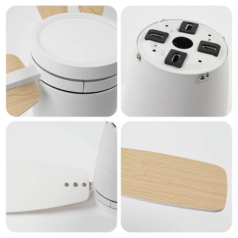 Details of 42 inch ceiling fan with lights and remote control, quiet DC motor, double faced blades, white and wood grain finish.